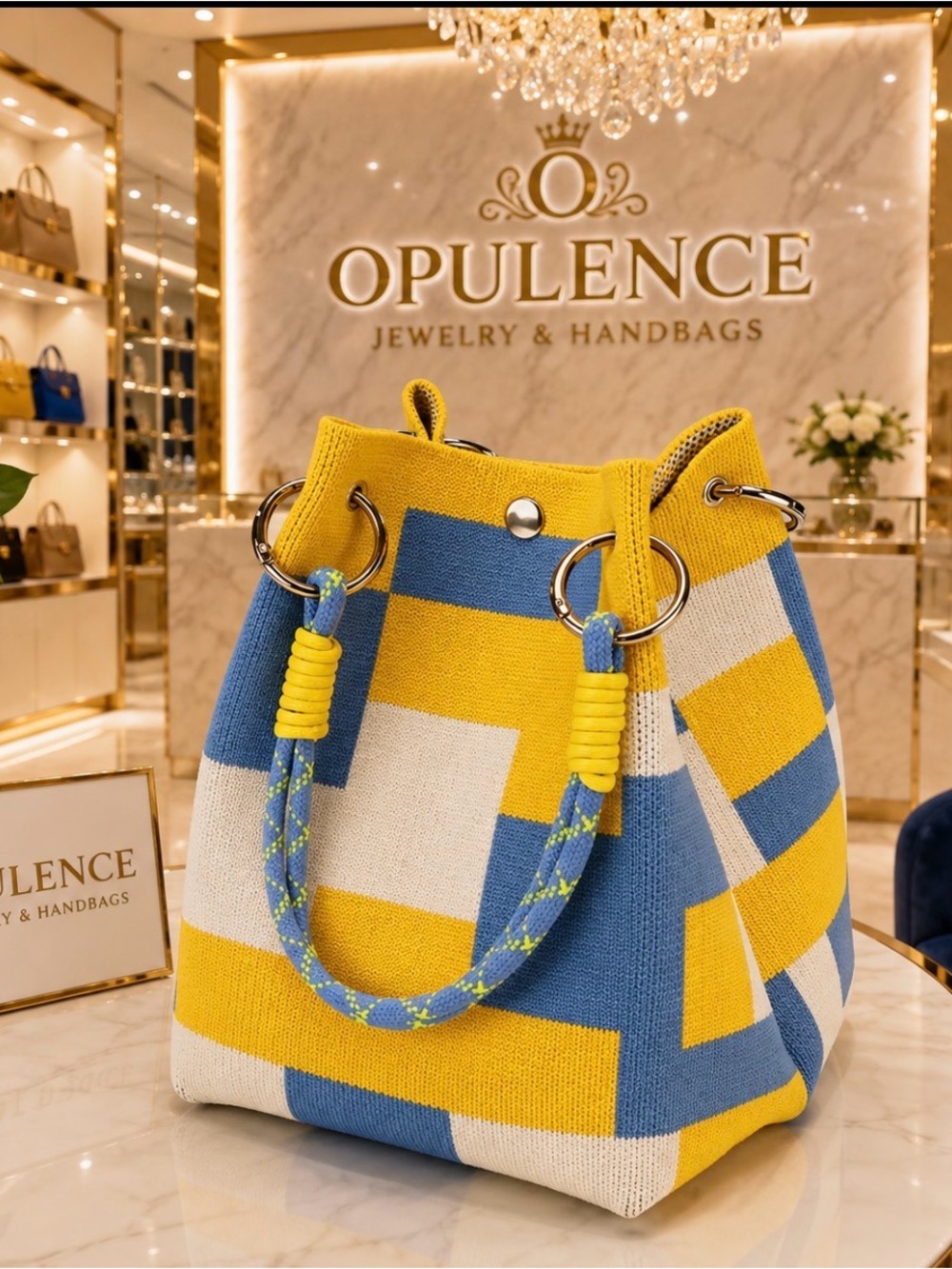 Colorblock Canvas  Bag in Yellow, Blue & White
